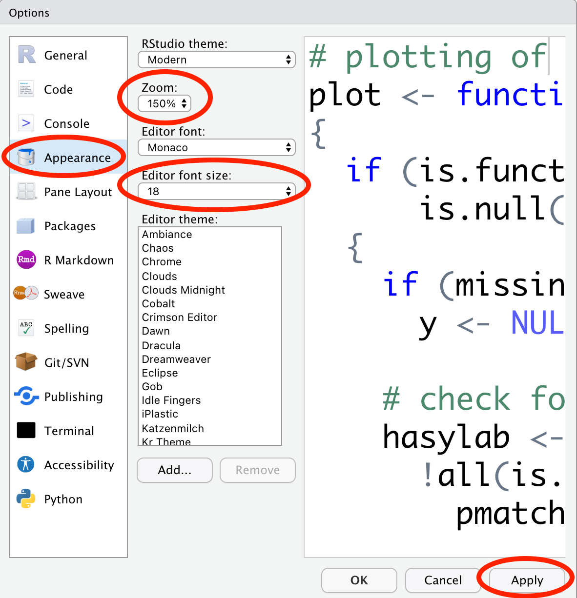 rstudio presentation font size